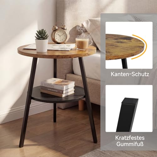 INHABIT UNION Beistelltisch Rund 2 Etagen, Couchtisch Rund Klein aus Holz, Runder Beistelltisch im Vintage Stil für Wohnzimmer & Schlafzimmer, Rustikal Braun – Bild 6