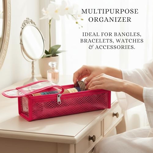Image of Single Rod Bangle Box for Women | Removable Hardboard Chudi Organizer with Transparent Lid | Jewellery & Watch Storage Case for Home, Wedding & Travel | (Set of 14) (Pink)