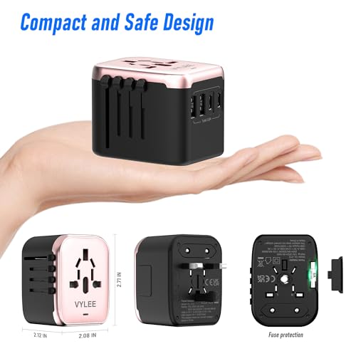 Image of VYLEE Universal Travel Adapter, 5 in 1 International Power Adapter with 3.5A 2xUSB-A & 2xUSB-C Ports, Travel Plug Adapter Worldwide for Europe USA UK AUS Travel Essentials (Rose Gold)
