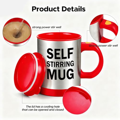 JTOOYS Self Stirring Coffee Mug, Stainless Steel Electric Coffee Mug with Lid 450ml for Coffee Tea Hot Chocolate Milk and Cocoa (Red, Batteries Not Included)