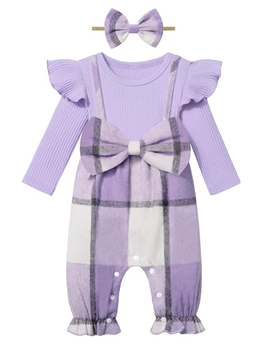 Image of Queenstyle Newborn Baby Girl Clothes Romper Long Sleeve Ruffle Jumpsuit Cute Infant Girl Fall Winter Outfits with Headband