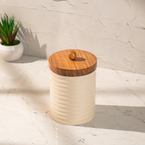 Image of Ecru Canister - Ceramic Storage Jar with Acacia Wood Lid - Ideal for Coffee, Sugar, Snacks & More (5x5x7.625 inches)
