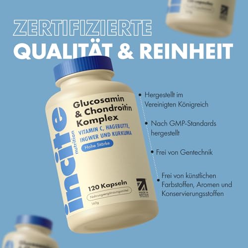 Incite Nutrition Hochwirksamer Glucosamin- und Chondroitin-Komplex mit MSM, Vitamin C, Ingwer, Hagebutte und Kurkuma, Nahrungsergänzungsmittel für die, 120 Stück (1er-Pack)