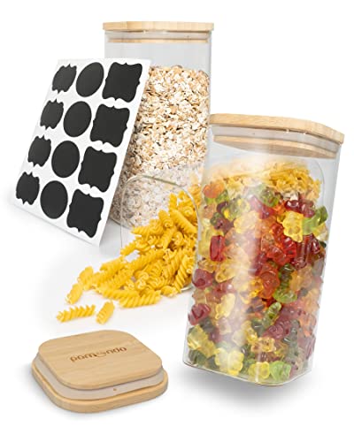 pamindo 3er-Dosen-Set - Glas Vorratsbehälter mit Deckel - Vorratsgläser mit Holzdeckel und Etiketten - Organizer Küche - Glasbehälter Dosen 1500 ml Cover