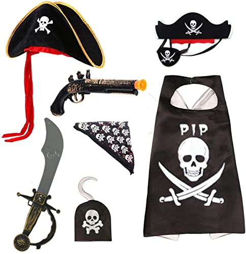 ★ Mantello * 1, cappello da pirata * 1, benda sull'occhio * 1, gancio da pirata * 1, spade * 1, fucile da pirata * 1, turbante da pirata * 1. I costumi da pirata a 7 pezzi ti offrono trucchi avventurosi e giochi di cosplay pirata immaginari.