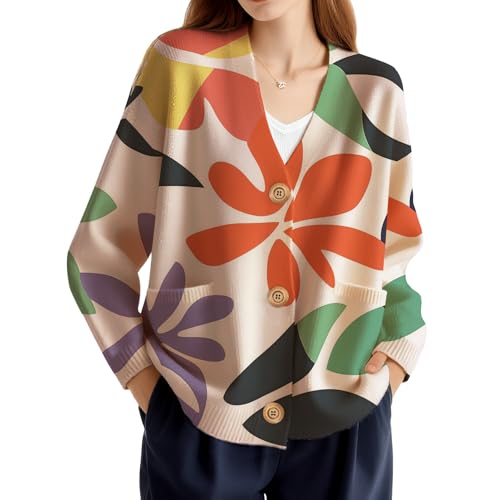 Floral Graphic Cardigan for Women Fall Fashion Sweater V Neck Long Sleeve Tops Button Down Knit Jacket with Pocket