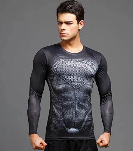 Camiseta masculina de compressão esportiva Cool Super Person Running manga comprida Red Plume, Preto