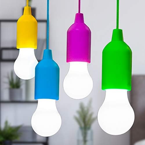 GloBrite Pack of 4 LED Pull Cord Light Bulb - Battery Operated LED Night Lamp with Rope | Portable Hanging Bulbs for Wedding, Festival, Camping, BBQ, Garden Decorations