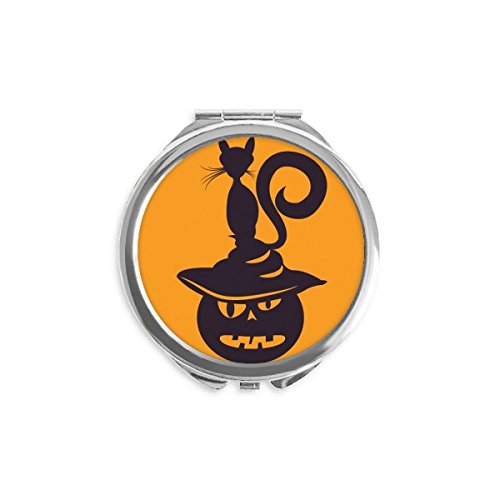 Espejo redondo portátil de maquillaje con estampado de calabaza y gato de Halloween