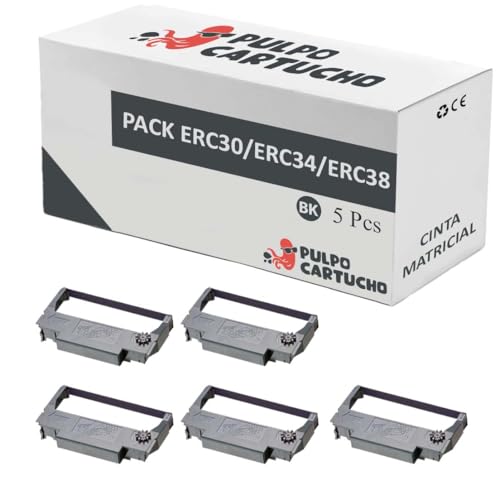 Pulpo Cartucho - Pack de 5 Cintas Matriciales ERC30 / ERC34 / ERC38 Negro Compatibles con Epson ERC-30 / ERC-34 / ERC-38 / Ref. C43S015374 - Valido para Impresoras Matriciales Epson (Ver Descripción)