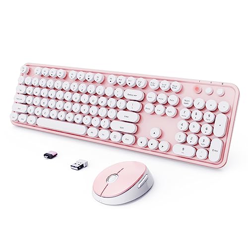 Wireless Keyboard and Mouse Combo, Ergonomic Full Size Typewriter Retro Round Keycaps Keyboard, Compatible with Windows, PC, Perfer for Home and Office Keyboards (Lovely Pink)