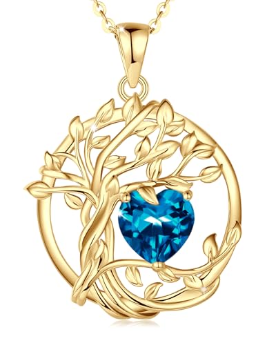 FANCIME Tree of Life Collier arbre de vie en argent sterling plaqué or jaune avec pendentif en pierre de naissance, bijou d'anniversaire, cadeau de Noël pour femme,...