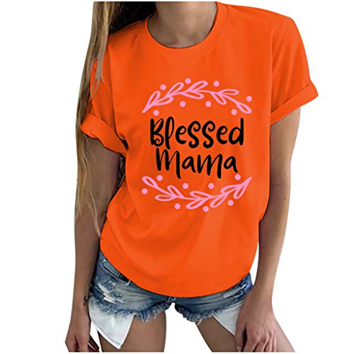 QueenMM Women Blessed Mama/Grandama Graphic T Shirts Short Sleeve O Neck Summer Casual Cotton Tee Tops Mother's Day