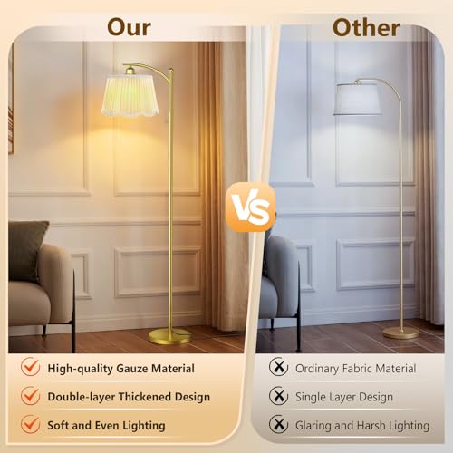 Image of Karjoefar Thickened Gauze Shade Dimmable Arc Floor Lamps for Living Room | 7W Bulb Included, 10-100% Dimmable, 67 inch Tall Vintage Gold Floor Lamp for Bedroom Living Room Office with Metal Base & Pole