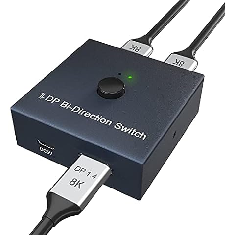 DisplayPort Switch DP 1.4, Bidirectional Displayport Splitter 8K@60Hz, 4K@120Hz, 2K@144Hz, 1080P@240Hz, 3D, DP Switcher 1 in 2 out/2 in 1 out with LED Indicator for PC Laptop Monitor Projector TV Cover