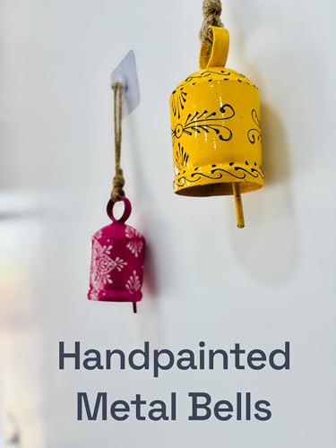 Image of 2 PC Bell Wall Hanging Decor | Garden Tree Hanging Bells Decoration | Handpainted Hanging Ornaments for Home Living Room Wind Chime (Pink & Yellow)