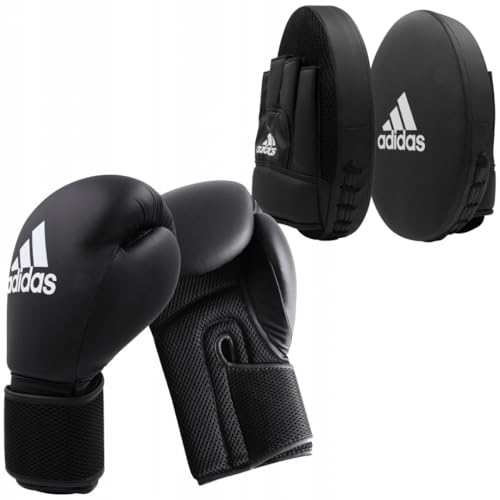 Adidas Boxing Home Training Kit - Pair of Gloves and Mitts 2pc Set for Adult & Kids, for Boxing, Punching Bag, Kickboxing, MMA, and Training, Black White