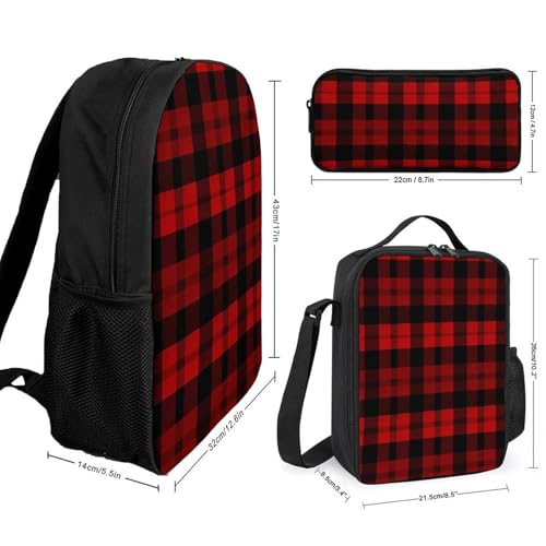 3 Piece Backpack for Women Men Lightweight Causal Daypack Shoulder Bag Set with Insulated Lunch Bag And Pencil Case Organizers Plaid Red And Black2