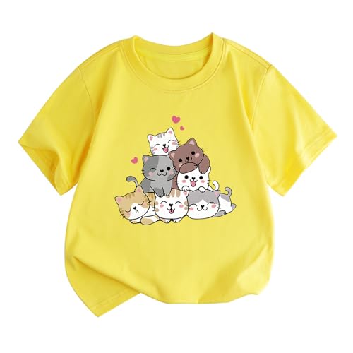 Image of KEEVICI Cute Cartoon Cat Shirts for Girls Kids Graphic Tees Kawaii Animal Pattern T Shirt Cotton Crewneck Summer Loose Tops