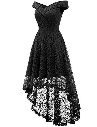 Women's Elegant Floral Lace Dresses With Sleeveless Black Cocktail Dress For Women Off Shoulder High Low Dresses Black M #TOP1