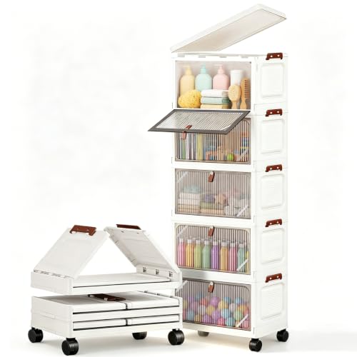Storage Bins with Lids Stackable Closet Organizers and Storage with Wheels Collapsible Storage Boxes Foldable Plastic Storage Containers for Home Office Dorm Room (5tier38cm)