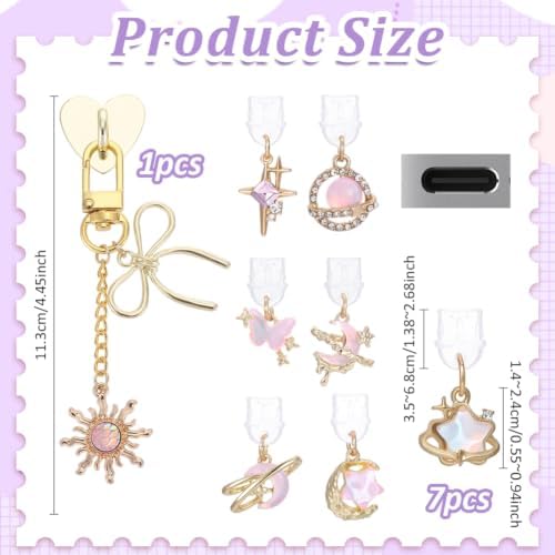PH PandaHall 7PCS Dust Plug Charms 7 Styles Butterfly Rhinestone Dustproof Plugs Baroque Star Port Caps Protector Sun Phone Charm Chain with Heart Mobile Phone Holders for E-Reader Type-C Cell Phonesr - 1