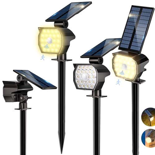 Solarlampen für Außen Garten mit Bewegungsmelder, 4 Stück IP65 Wasserdicht Solarstrahler für Aussen mit 2-in-1 Auto-Ein/Aus, 3 Modi 3000K...