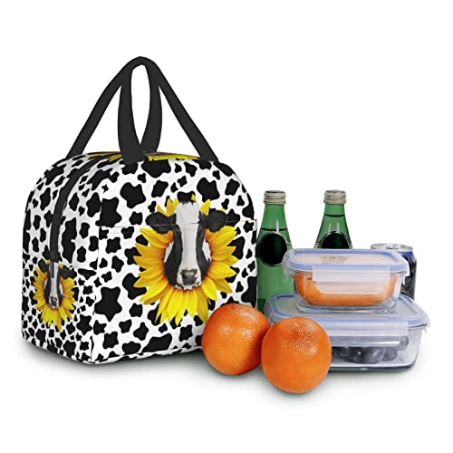 Odfovowo Portable Lunch Bags Sunflower Cow Print Insulated Lunch Box Reusable Cooler Tote Bag With Front Pocket For Women #TOP6