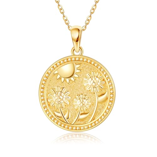 ELFRONT 14K Gold Sunflower Necklace 14K Solid Yellow Gold Coin Sunflower Pendant Necklace Gold Sunflower Flower Jewelry for Women Gifts