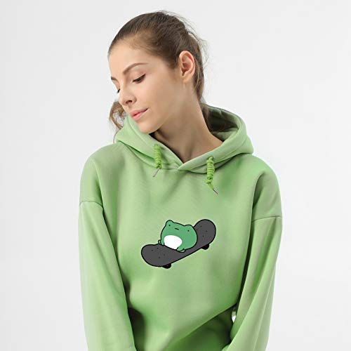 Keevici Women's Cute Sweatshirts Frog Skateboard Long Sleeve Casual Hoodie Pullover Tops (Green,Asian M) #TOP1