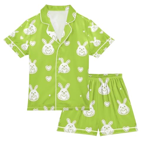 senya Rabbit Eggs with Heart Satin Summer Pajama Sets Silk Short Sleeve Button Down Sleepwear