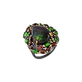 925 Sterling Silver Black Opal Chrome Diopside Garnet Ring Rhodium Gold Plated Multicolor Cabochon Faceted Statement Cocktail Jewelry 27x23mm 8.3g SZ- K 1/2, 51 (16.2)