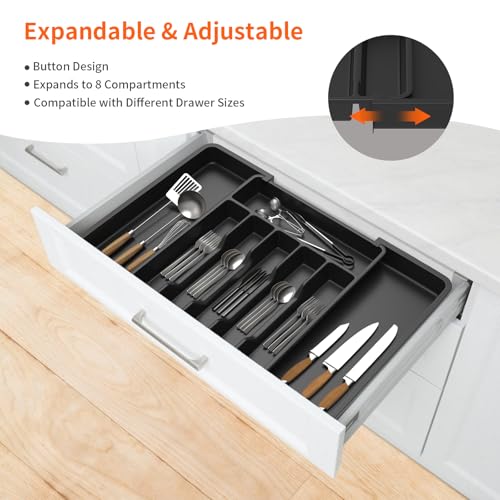 Cutlery Drawer Organiser, 33-57CM Expandable Utensil Tray for Kitchen with 8 Compartment Holders, Adjustable Silverware and Flatware Holder, Compact Plastic Storage Insert for Spoons Forks Knives - Image 8