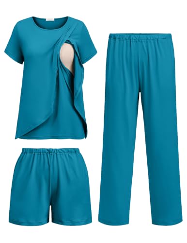 Image of Ekouaer 3 PCS Maternity Nursing Pajamas Set Postpartum Breastfeeding PJS | 3-Piece Set, Including Short Sleeve Shirts, Pregnancy Shorts & Pants, Buttery Soft, Skin-Friendly Feel