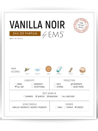 Image of EM5 Vanilla Noir Unisex Perfume | Vanilla Aromatic Woody Powdery Fragrance | Eau de Parfum Spray | Strong & Long Lasting Scent | Luxury Gift for Him & Her | 50ml