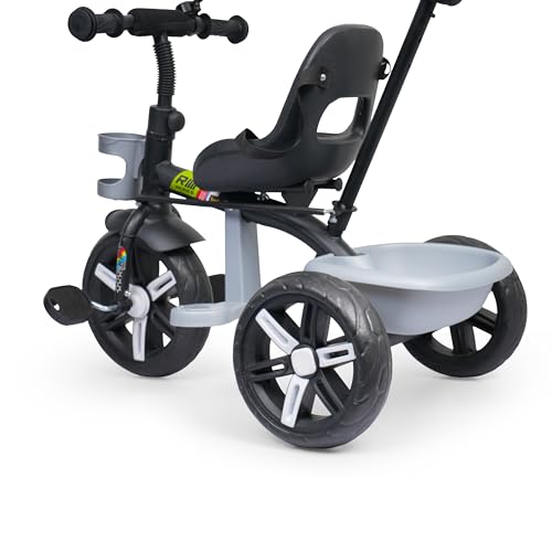 Image of Luusa Elite 500 Kids Tricycle with Parent Push Handle & Safety Seat Belt - Premium 3 Wheel Toddler Cycle with Storage Basket & Comfortable Backrest for 1-4 Years Boys & Girls (Black Silver