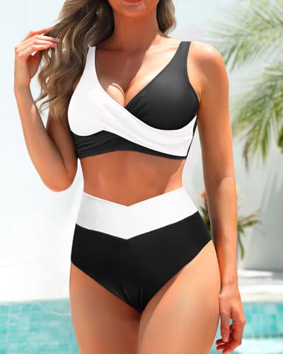 Image of Aqua Eve Women High Waisted Bikini Twist Front Swimsuits Lace up Bikini Tops Ruched Push up 2 Piece Bathing Suits