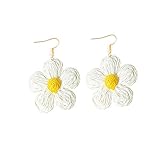 Locrccl White Boho Earrings for Women Raffia Straw Wrapped Flower Crochet Dangle Tropical Earrings