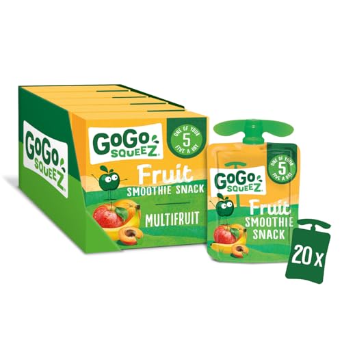 GoGo squeeZ Fruit Smoothie Snack, Multifruit,100% Real Fruit Blend, 20 x 90g Pouches, Snack for Kids & Adults, Gluten-Free, Vegan, No Added Sugar, School Lunchbox Friendly