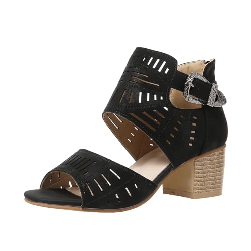 NIGXWNS Peep Toe Heeled Sandals for Women Fashion Chunky Heel Booties Summer Cutout Dressy Sandals with Ankle Strap Buckle