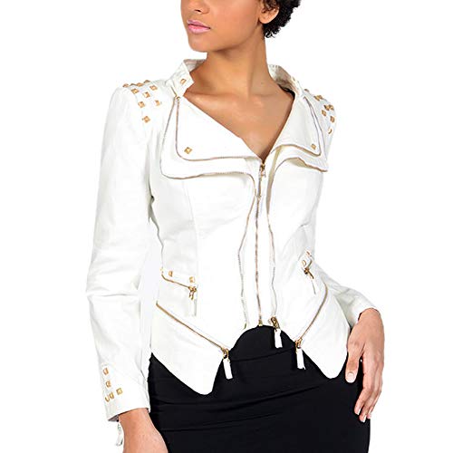 E-girl Damen Weiß Nieten Jeansjacker Bikerjacke mit Reißverschluss,PA01,3XL