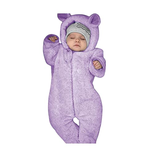 Legou Fleece warm and windproof hooded design one-piece solid color innocent and cute baby fall/winter romper Purple 60