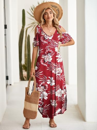 Image of BELAROI Womens Cold Shoulder Maxi Dress Plus Size V Neck Summer Sundresses with Pockets Beach Coverup Vacation Outfits