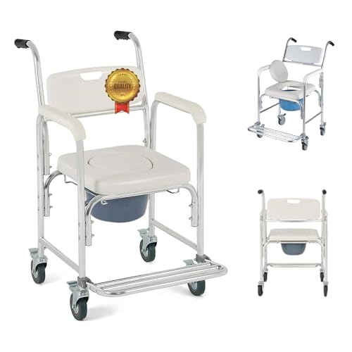 Ortopal Silla Ducha Mayores 4 en 1 | Silla Ducha Personas Mayores | Inodoro Portatil para Minusvalidos | Silla WC Personas Mayores | Silla de Ruedas con Inodoro Acolchado y Alzador WC Adulto