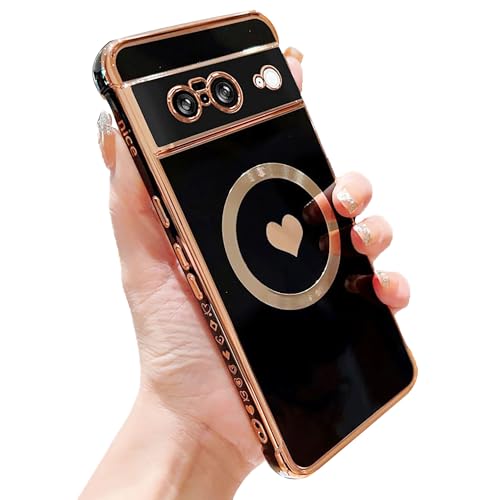 phylla Magnetic Phone Case for Google Pixel 8 6.2“ 5g [ Compatible with MagSafe ] Luxury Plating Cute Love Heart Protective Cover for Women Soft Shockproof Side Heart Pattern Bumper (Black)