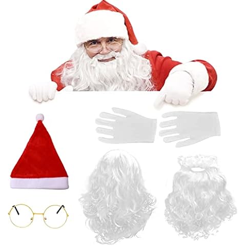 Santa Hats For Adults, Santa Beard And Wig Set, Santa Claus Costume Accessories Glasses Gloves For Men Women Realistic Deluxe Christmas Theme Party Xmas Fancy Dress Up Cosplay, Father Long White Curly Cover
