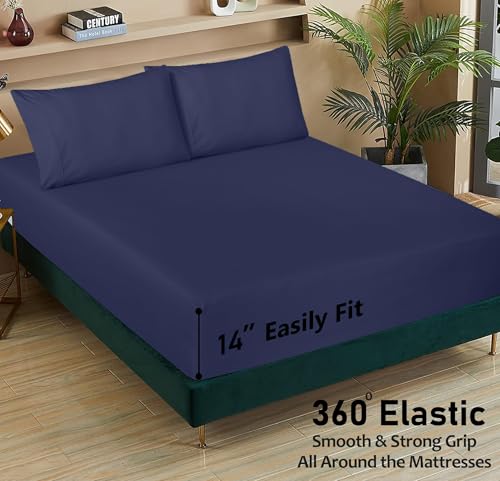 RUVANTI 100% Cotton Full Size Bed Sheets, 4 Pieces, Soft & Breathable Percale Weave Bedding, Deep Pocket 16", Hotel Standard, Crisp Cool Feel, Durable, Perfect Sheet Set Dyed, Crown Blue