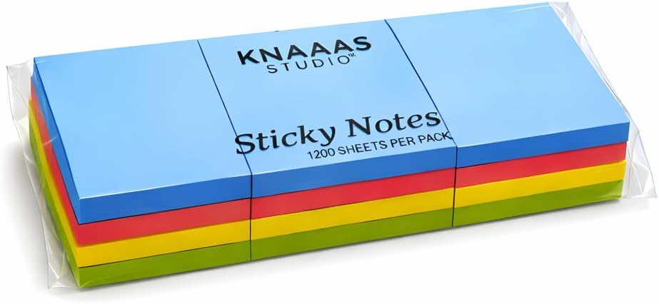 Sticky Notes Bulk Pack – 12 Pads, 4 Bright Colors, 3x3 Inch Self-Adhesive Notes, 1,200 Sheets Total for Office, School & Home