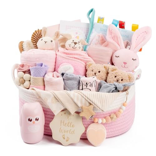 Regalo para bebés de 30 piezas - Cesta de regalo grande, ideal como regalo de recién nacido para niños y niñas. Incluye: toalla de baño con capucha, juego de bebé, peluche, sonajero, peine y tarjeta