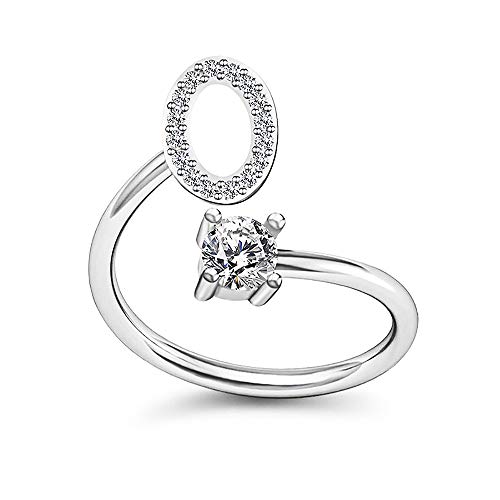 Image of HUJUON Silver Initial Letter Ring for Women. Adjustable Crystal Alphabet Ring,Name Initials Stackable Knuckle Rings A-Z CZ Open Ring